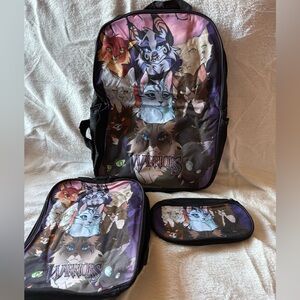 New 3 Piece Warriors Cat Backpack, Lunchbox and Pencil Case Set